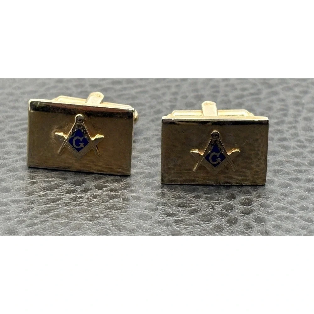 Vintage Flex-Let Masonic Free Mason Symbol Blue Enamel Cufflinks Gold Tone